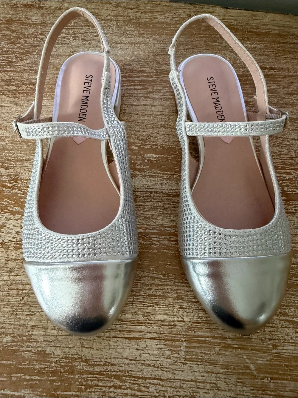 Steve Madden Girls Silver Rhinestone Mary Jane Slingback Flats